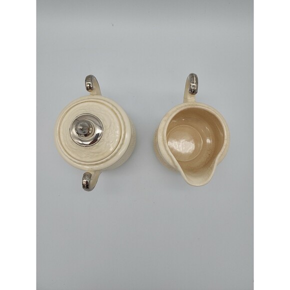 ADAM ANTIQUE by STEUBENVILLE Sugar Bowl w Lid & Creamer Cream with Silver TrIm - Picture 5 of 12